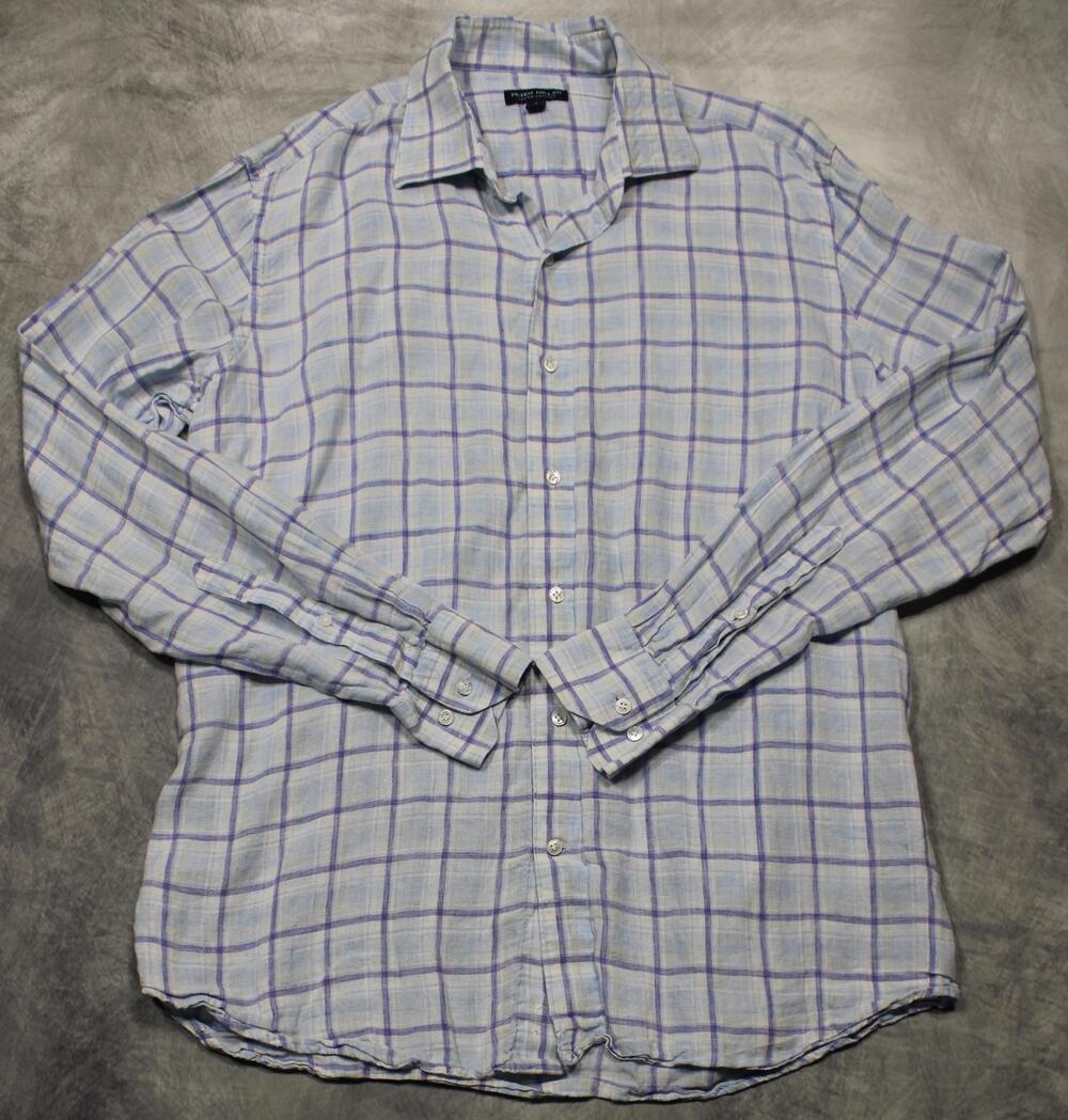 Peter Millar Crown Crafted Long Sleeve Linen Shirt Mens L Blue Plaid